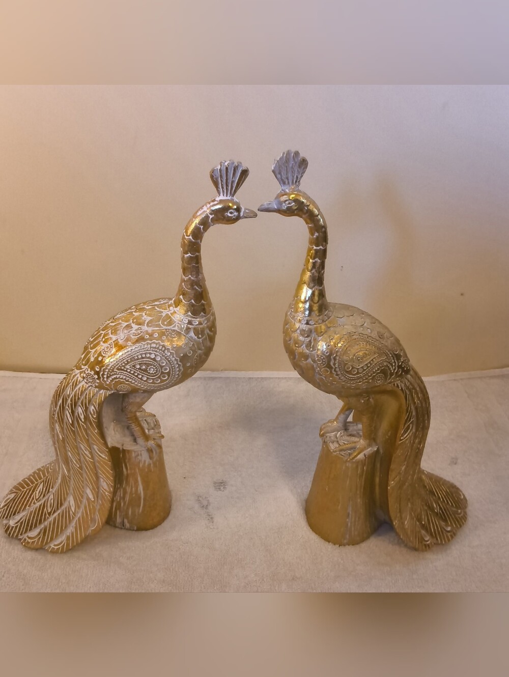 Distressed Gold Peacock Statues Pair - Hollywood Regency